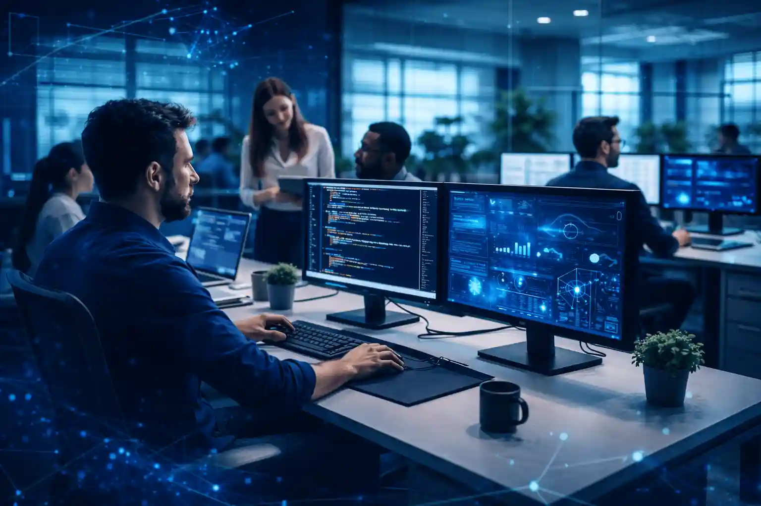 Software development team working in a modern corporate office