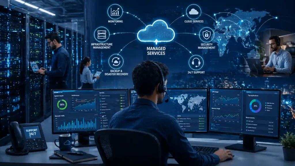 IT infrastructure managed services dashboard showing network and cloud management