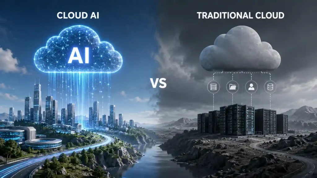 Cloud AI vs Traditional Cloud comparison illustration showing AI automation and cloud computing.